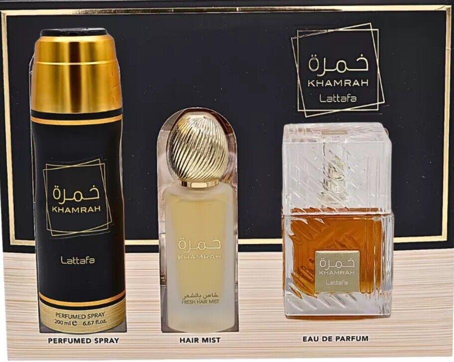 Lattafa Khamrah – Gift Set (100ml EDP + 100ml Hair Mist + 200ml Body Spray)