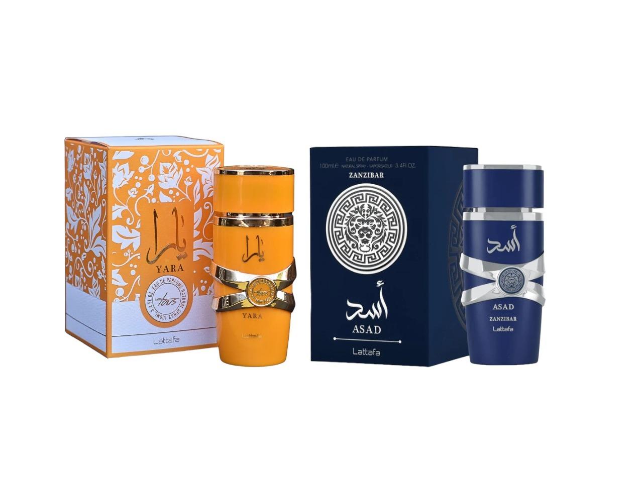 Lattafa 2-Piece Fragrance Set - Yara Tous & Asad Zanzibar, 3.4 oz Per Bottle, Featuring Vanilla, Coconut, Arabian, Floral Oriental & Luxurious Scents, Vanilla Fragrance, Coconut Fragrance