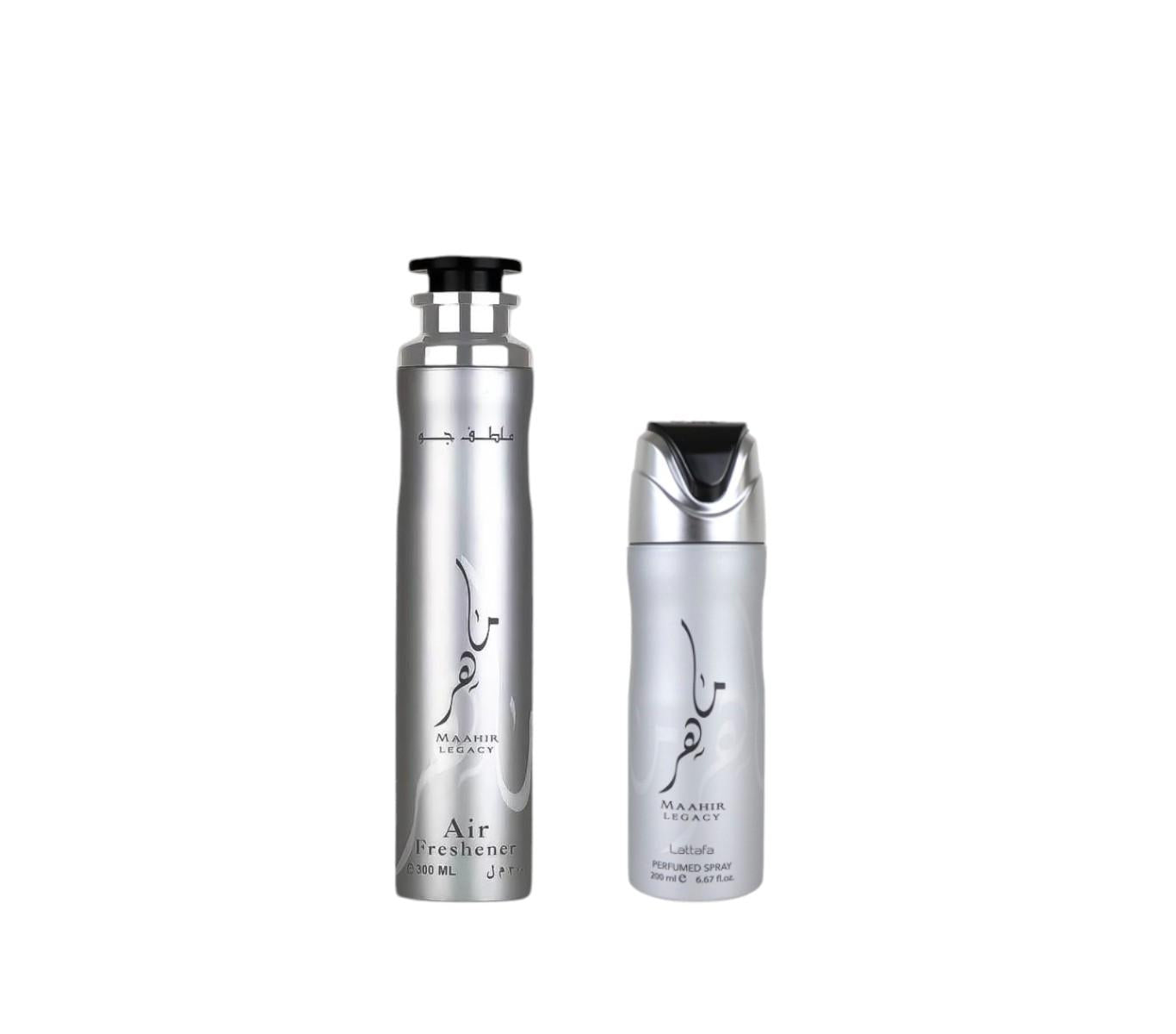 Lattafa Maahir Legacy Unisex Bundle - 300 ml Scented Room Deodorizer Air Freshener with Citrus Top Notes, 200 ml Aroma Body Spray with Jasmine Fragrance