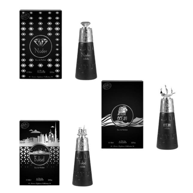 Nabeel Perfumes | Nader + Ocean + Fulad Bundle | Unisex | 3.4 oz Per Bottle | Fruity - Powdery | Vanilla - Violet | Woody - Warm - Spicy