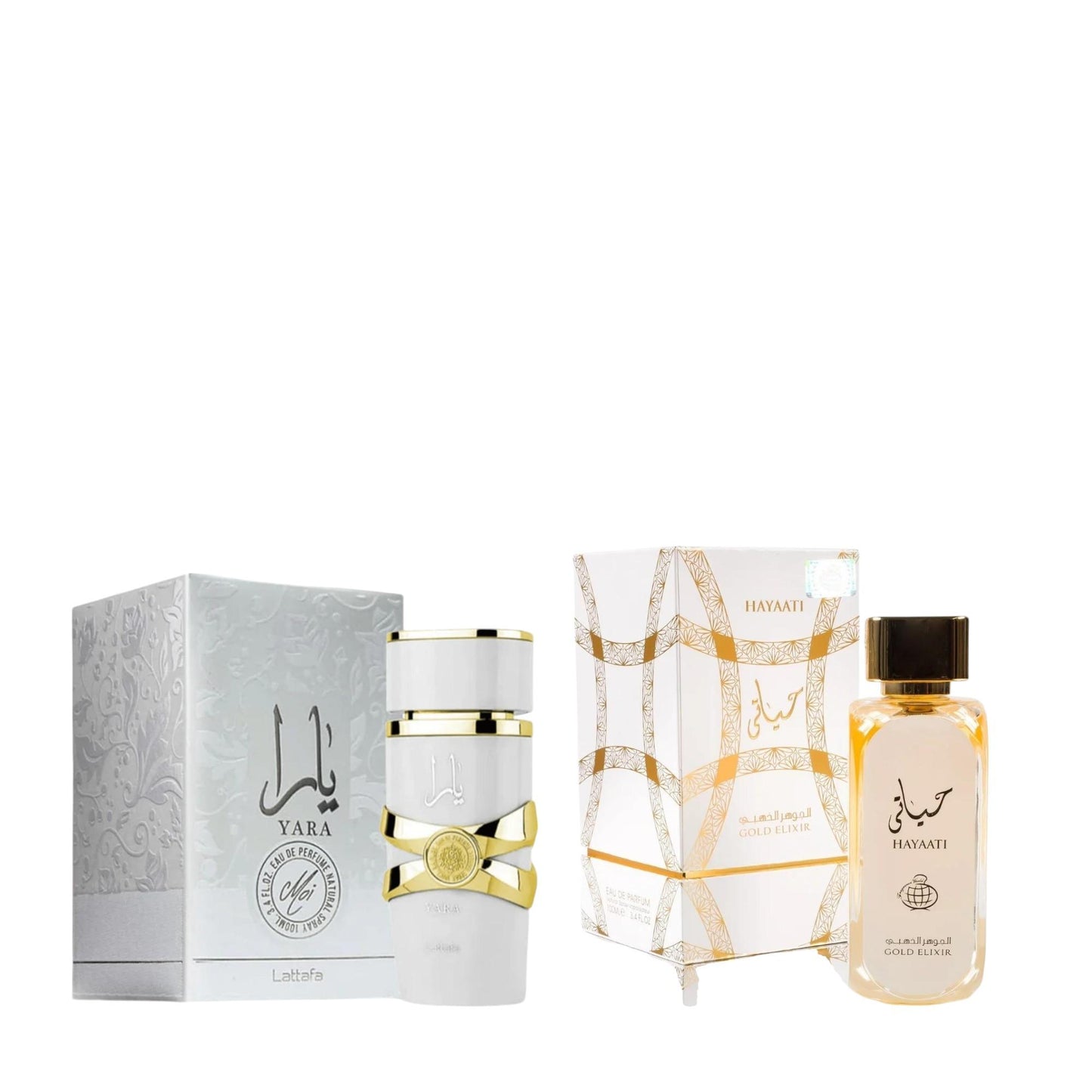 Lattafa Yara Moi + Hayaati Gold Elixir Women's Fragrance Bundle, 3.4 oz Per Bottle, Scented with Caramel-Patchouli, Leather-Citrus, Amber, Floral Notes, Elegant Feminine Fragrance