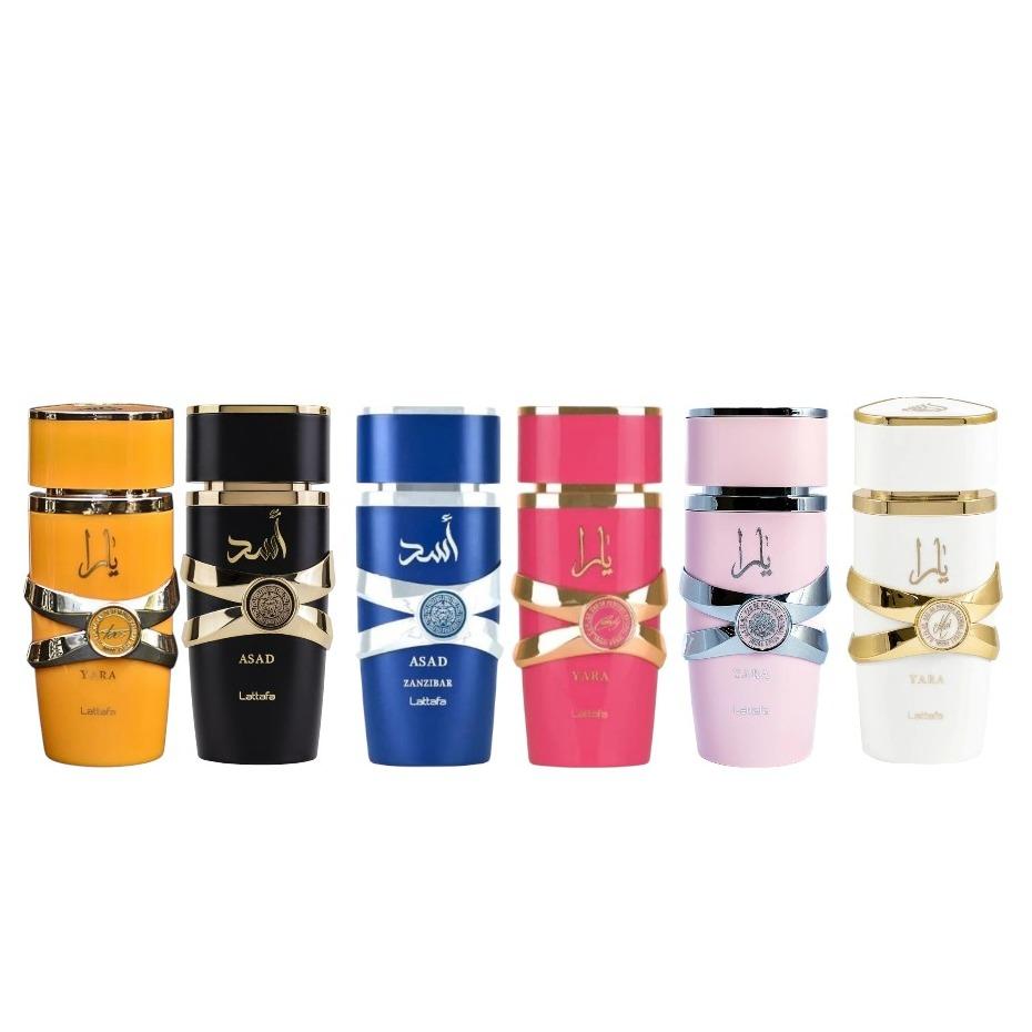 Lattafa Multi-Pack Fragrances Bundle - 6-Pack Gourmand, Fresh Alcohol-Base Scents (Yara, Tous, Moi, Asad, Zanzibar, Candy) - 3.4 fl oz Per Bottle Unisex Fragrance