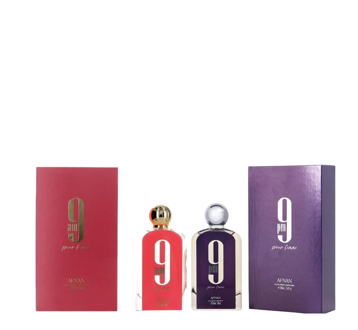 Afnan 9 PM + 9 AM Pour Femme Bundle, Women's Perfumes for Women, 3.4 oz EDP Each, Floral-Fruity-Green Scent with Raspberry-Apple Notes, Wood Accent, Daily Wear Fragrance