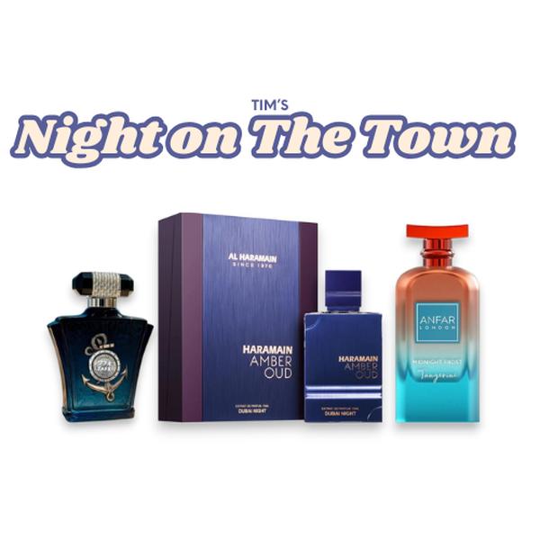 Anfar Tim's Night on the Town Unisex Multi-Pack EDP Fragrance Bundle - Amber Oud Dubai Night, Z31, Midnight Frost Tangerine; Fresh Fragrance Blend with Saffron, Bergamot & Apple Notes for Unisex Wear