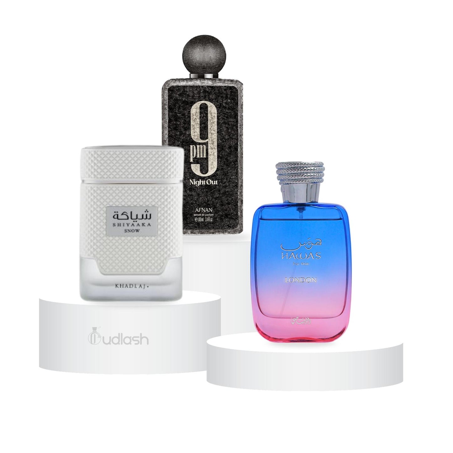 Afnan Oudlash Multi-Pack Bundle - Shiyaaka Snow, Hawas London, 9 pm Night Out Unisex Eau De Parfum (100 ML) with Pitahaya, Lavender & Cognac Notes