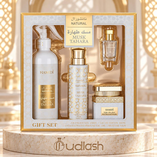 Hamidi | Natural Musk Tahara | 4-Piece Gift Set | 50g - 480 ML | Concentrated Oil + Body Lotion + Eau De Parfum + Air Freshener | Musk Notes