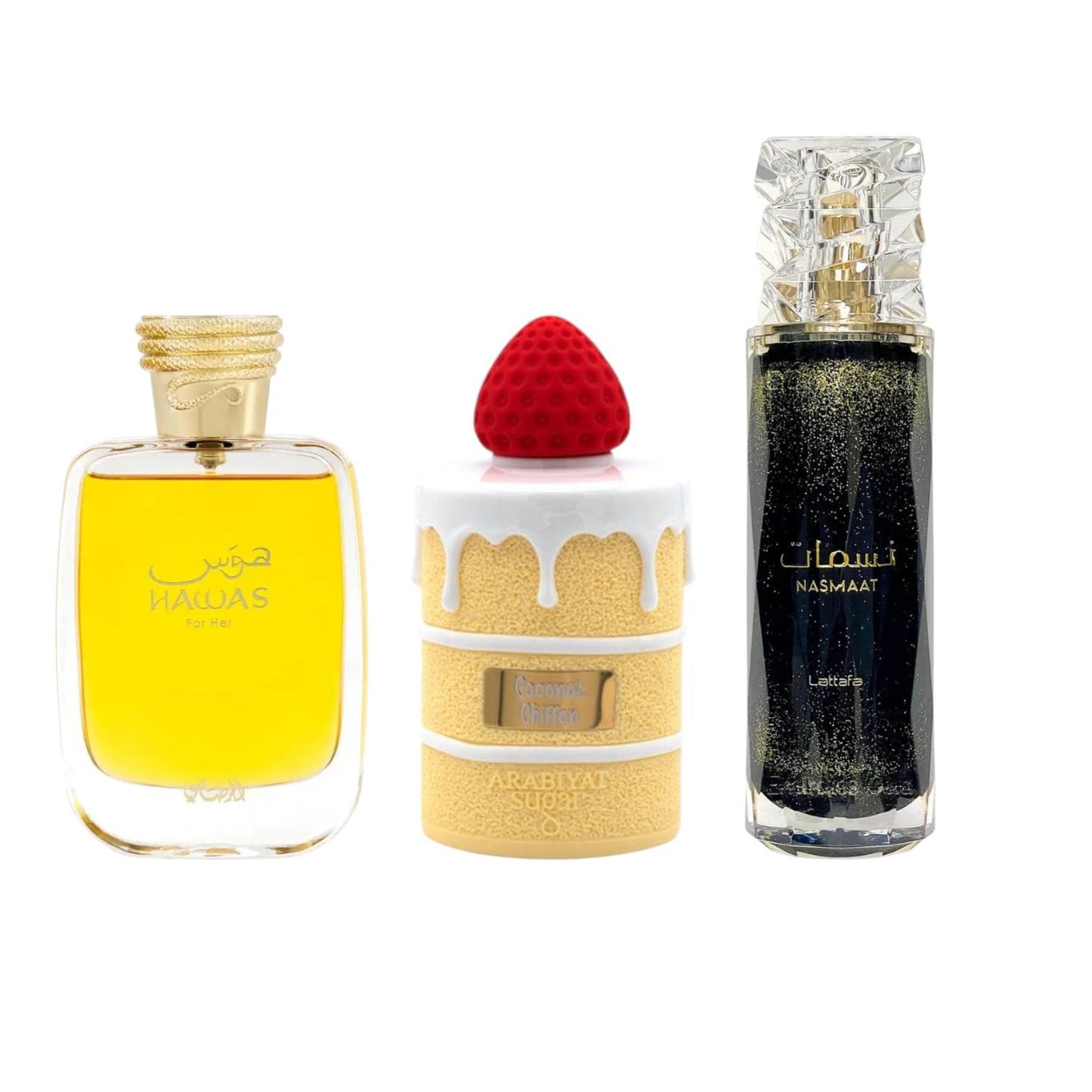 Rasasi Habibi Barato Multi-Pack Eau De Parfum Bundle - Hawas Her, Coconut Chiffon, Nasmaat, 100 ML Each, Fresh Alcohol-Based Fragrances with Caramel, Sweet & Vanilla Notes (Unisex)