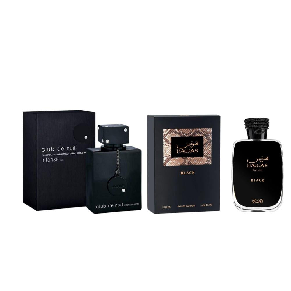 Rasasi & Armaf Perfumes | Club de Nuit Intense + Hawas Black Bundle | Men's | 3.4 oz (Hawas) | 3.6 oz (Intense), Edp Intense, Edp Perfume Fragrance