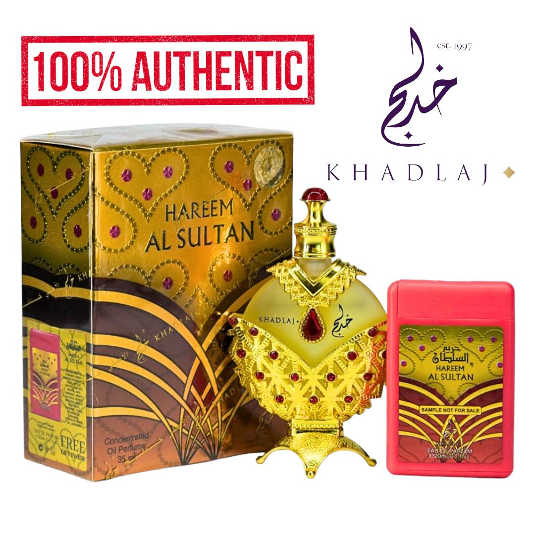 Khadlaj Hareem Al Sultan Gold Premium Arabian Fragrance Set, Concentrated Oil Perfume (1.1 oz) & Long Lasting Fragrance Spray (0.70 oz) Bundle with Free Spray, Women's Exotic Arabic Perfume with Nectarine-Magnolia & Patchouli Musk, Original Set