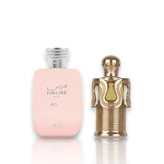Lattafa Maitha Oil & Hawas Eclat Female Bundle - 100ml EDP, 20ml Oil, Gourmand Fragrance with Caramel-Sweet, Fruity Musk & Floral Scents Perfume for Women