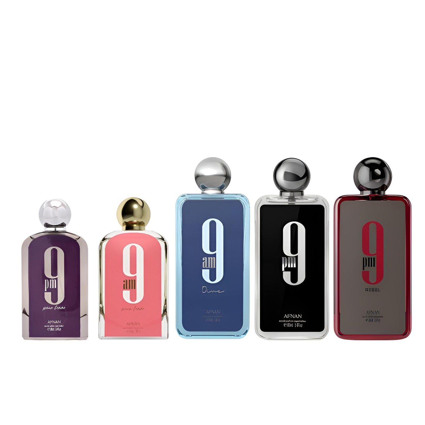 Afnan Wood Fragrance Multi-Pack - 5-Piece 100ml His&Her Set: 9 PM Rebel, Black, Pour Femme, 9 AM Dive, Pour Femme Bundle Bottles