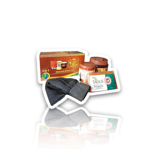 TAO 4-in-1 Traditional Moroccan Beauty Secrets Unisex Selfcare Pack - Natural Moroccan Soap, Taous Soap, Ghasoul Hair & Skin Blend, Hand Gloves Toiletries Kit for Body Care