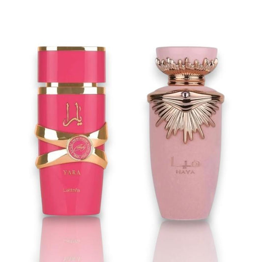 Lattafa Women's Valentine's EDP Perfume Duo, Floral Scents & Fruity Floral Scent Multi-Pack Bundle - Yara Candy + Haya 2-Pack Fragrance Set, 100 ML Per Bottle
