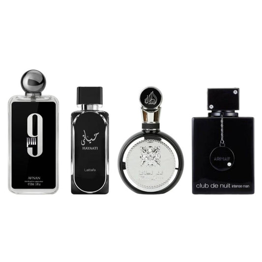 Oudlash Bundle | Afnan 9PM + Lattafa Hayaati + Lattafa Fakhar Man + Club De Nuit Man | Mens Fragrance 100ML - 3.4 OZ | Apple, Cinnamon, Wild Lavender, Bergamot