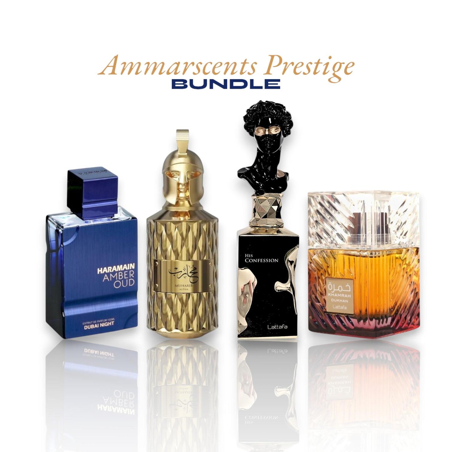 AMMARSCENTS PRESTIGE Arabian Fragrance EDP Multi-Pack Bundle - Le Falcone Muharib Alpha, Khamrah Dukhan, Al Haramain Amber Oud Dubai Nights, His Confession (Vanilla Notes)