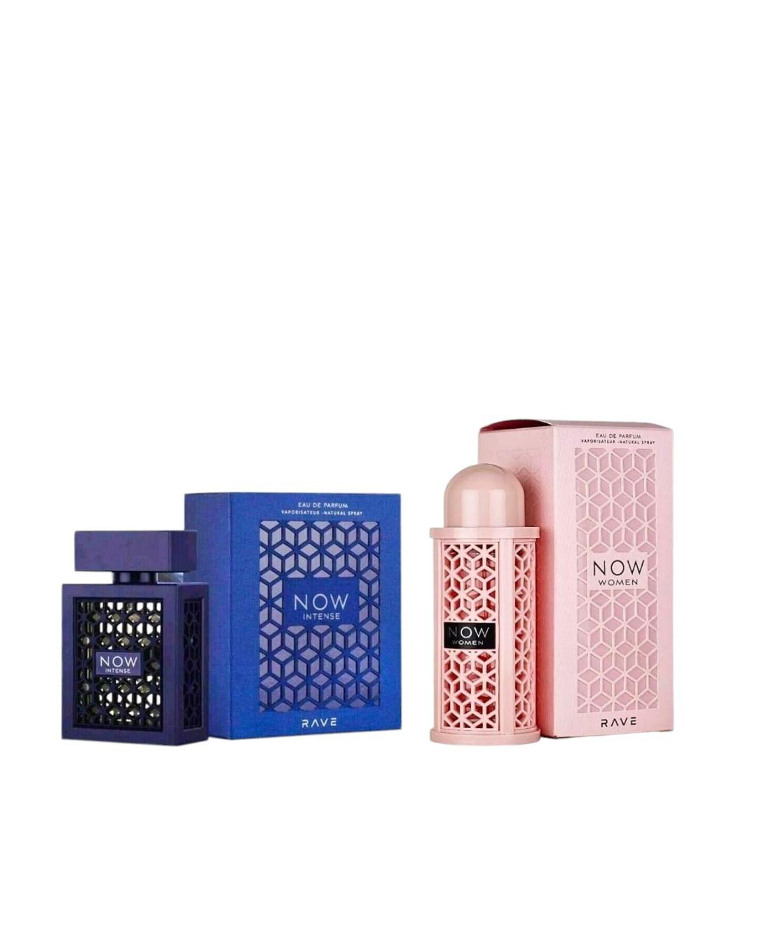 Lattafa Rave Now Pink & Rave Now Intense His & Hers Fragrance Bundle, 3.4 oz Per Bottle, Fruity-Powdery (Peony, Lavender) & Woody-Aromatic (Bergamot, Patchouli, Aromatic Herbs) Unisex Fragrance