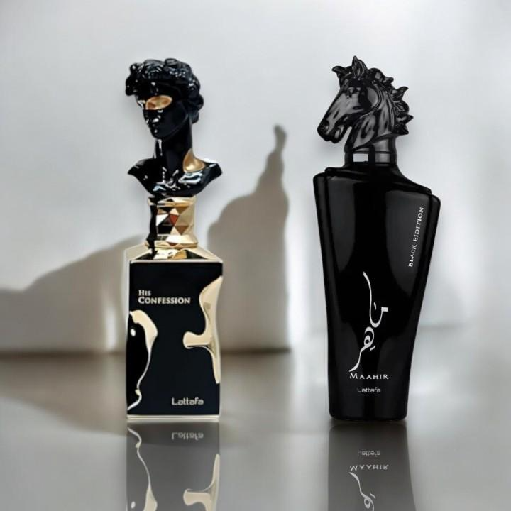 Lattafa | His Confession + Maahir Black 2-piece Men's Multi Pack Fragrance set. Main Notes: woody + amber + fresh spicy
