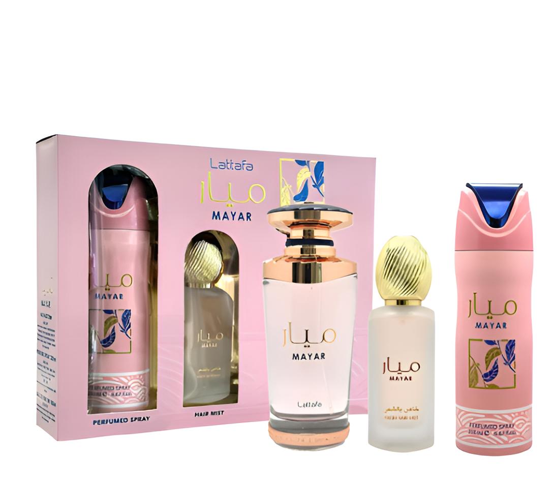 Lattafa Mayar 3-Piece Women's Fragrance Gift Set - EDP Scents, Elegant Floral Fresh Daily Wear Perfumes for Women, 3.4 oz Mayar Perfume, 200ml Body Spray, 50ml Hair Mist