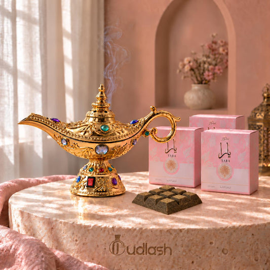 A diamond in the rough | Gold Aladdin Electrical Incense Burner + 3pc Yara Choco Incense | 40 G | Women's Fragrance | Oudh Powdr - Musk & Sandalwood Notes