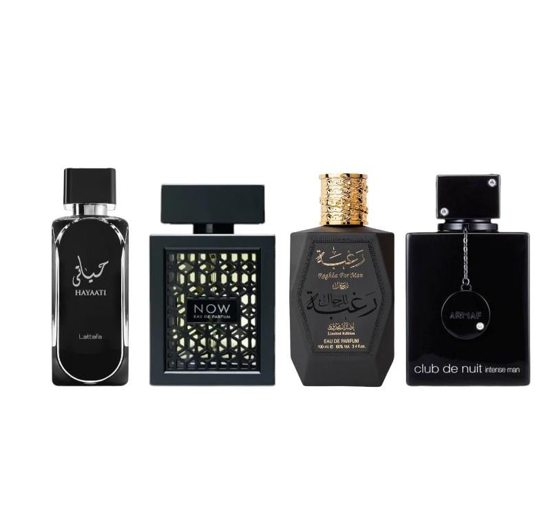 Lattafa Men's Fragrance Multi-Pack Bundle - Hayaati, Rave Now, Raghba, Club de Nuit Scents - 3.4 oz EDP Alcohol-Base Bottles - Rich Scent, Musk Blend, Fragrance Sandalwood, Elegant Male Wear