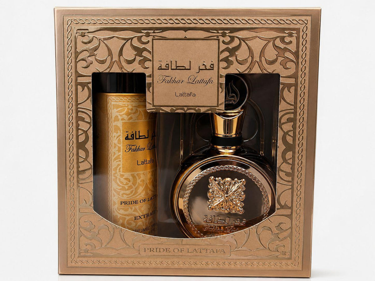 Lattafa Perfumes | Fakhar Extrait Gift Set | Fakhar Extrait + Fakhar Extrait Body Spray | Unisex Fragrance | Eau De Parfum | 100 - 200 ML | Citrus - Floral & Spicy Notes