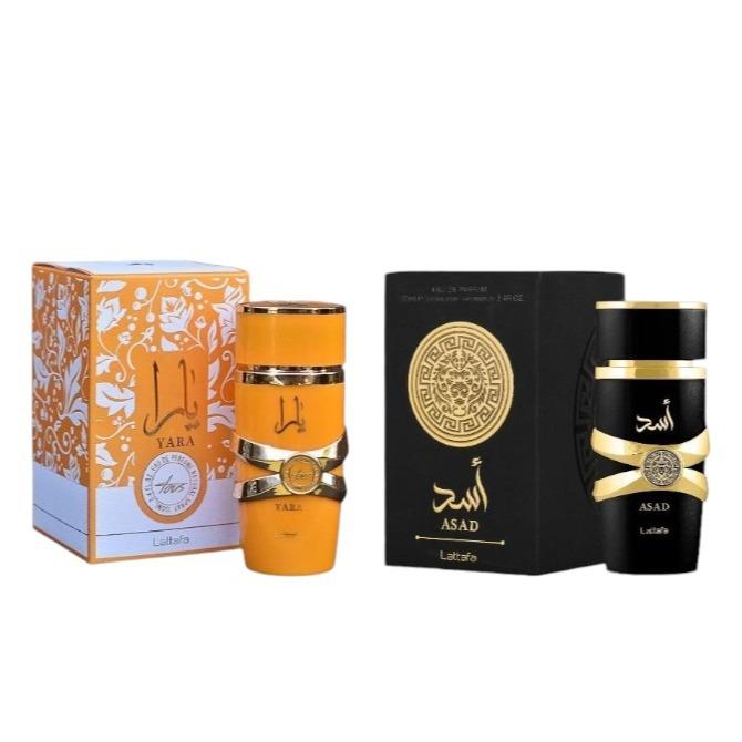 Lattafa 2-Piece Exotic Fragrance Gift Set - Yara Tous & Asad Alcohol-Based Fragrances with Vanilla Notes, 3.4 fl oz Per Bottle