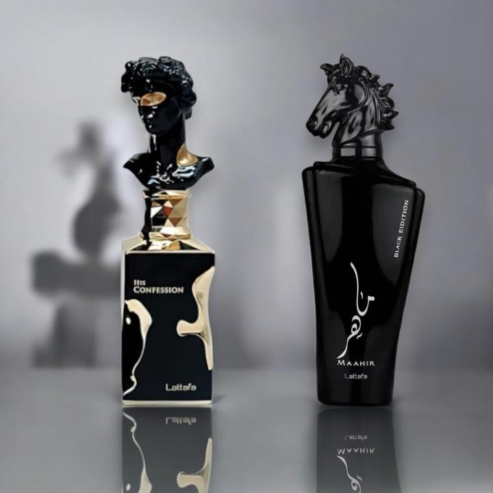 Lattafa | His Confession + Maahir Black 2-piece Men's Multi Pack Fragrance set. Main Notes: woody + amber + fresh spicy