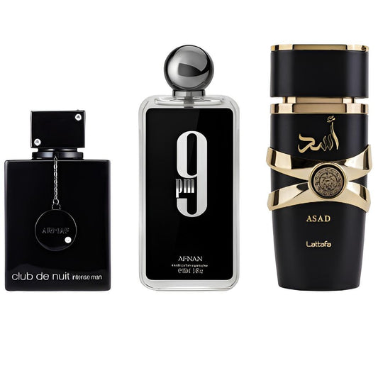 Lattafa Men's Fragrance Bundle Set - Armaf Asad, Club de Nuit Intense, Afnan 9 PM - 3.4-3.6 fl oz Bottles - Men's Colognes with Rich Scents (Single Item Purchase Option)