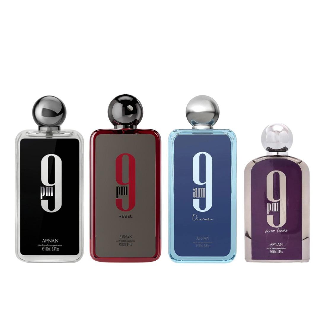 Afnan 4-Piece His & Hers Eau de Parfum Bundle - 9 PM Black, Rebel, 9 AM Dive, Pour Femme - 3.4 oz Each Bottle - Aromatic Citrusy Fragrance, Bold Scent, Floral Amber, Fresh