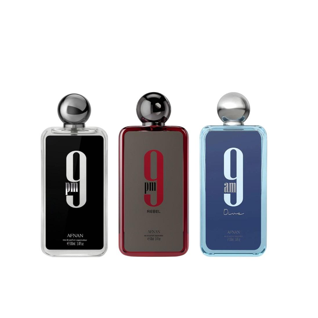 Afnan Perfumes | 9 PM Black + 9 PM Rebel + 9 AM Dive Bundle | 3.4 oz (100ml) Per Bottle | Unisex Fragrance | Eau de Parfum