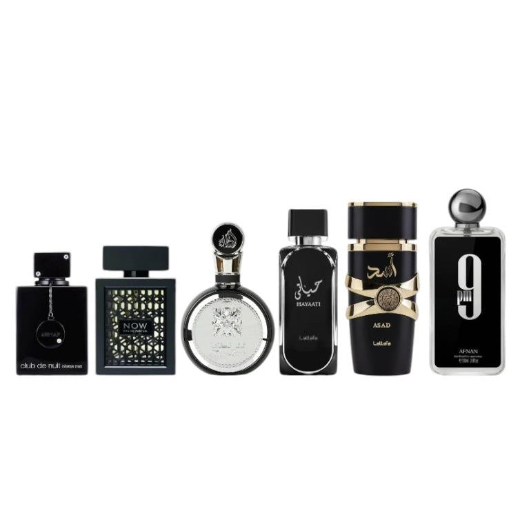 Lattafa 6-Piece Multi-Pack Eau De Parfum (EDP) Bundle - Club de Nuit, Rave Now, Fakhar, Hayaati, Asad, 9 PM Black - 100 ML-3.4 oz - Bergamot, Citrus, Vanilla Notes, Wood, Fresh Musk, Alcohol Base EDP Fragrance for Men