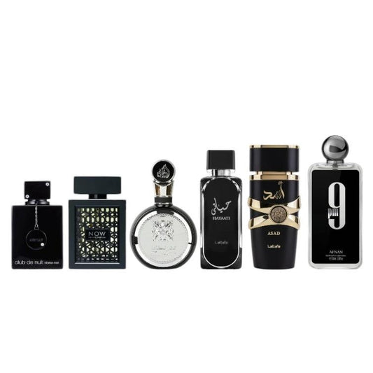 Lattafa 6-Piece Multi-Pack Eau De Parfum (EDP) Bundle - Club de Nuit, Rave Now, Fakhar, Hayaati, Asad, 9 PM Black - 100 ML-3.4 oz - Bergamot, Citrus, Vanilla Notes, Wood, Fresh Musk, Alcohol Base EDP Fragrance for Men