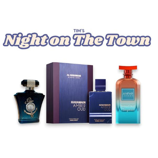 Anfar Tim's Night on the Town Unisex Multi-Pack EDP Fragrance Bundle - Amber Oud Dubai Night, Z31, Midnight Frost Tangerine; Fresh Fragrance Blend with Saffron, Bergamot & Apple Notes for Unisex Wear