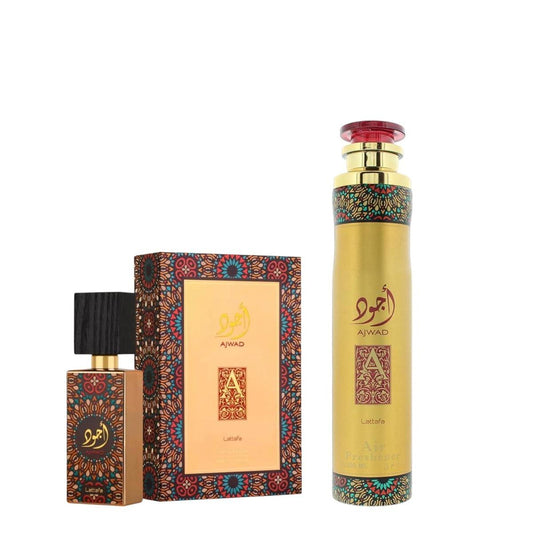Lattafa Ajwad EDP Luxurious Perfume Bundle Pack, Unisex Fragrances Vanilla, 3.4 fl oz Bottle, 300 ml Air Freshener
