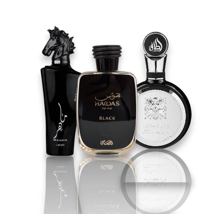 Lattafa | Fakhar man + Hawas Black + Maahir Black 3-piece Men's Fragrance Multipack | Main Accords: woody