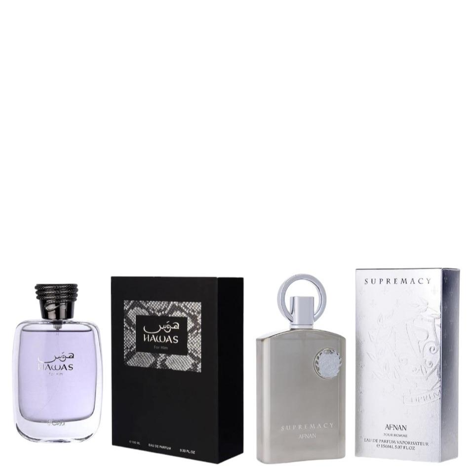 Afnan & Rasasi Perfumes | Hawas + Supremacy Silver Bundle | Men's Fragrances | 3.4 oz Per Bottle | Apple - Bergamot Fragrance