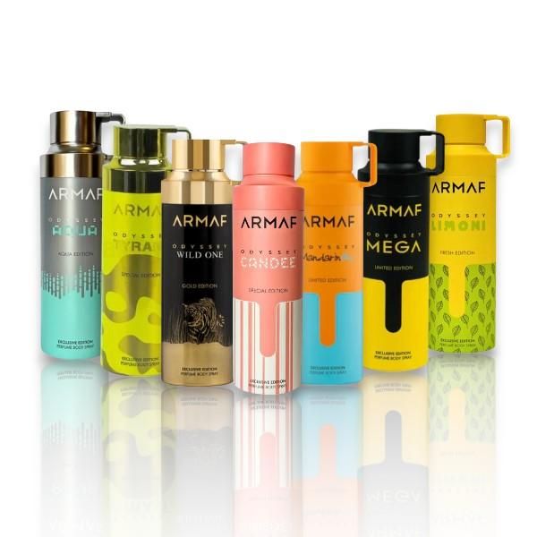 Armaf Fragrance EDP Multi-Pack, 200 ML (6.7 oz) Body Spray Bundle - Odyssey Limoni, Candee, Wild 1, Tyrant, Mega, Mandarin, Aqua - Citrus, Floral & Aquatic Notes